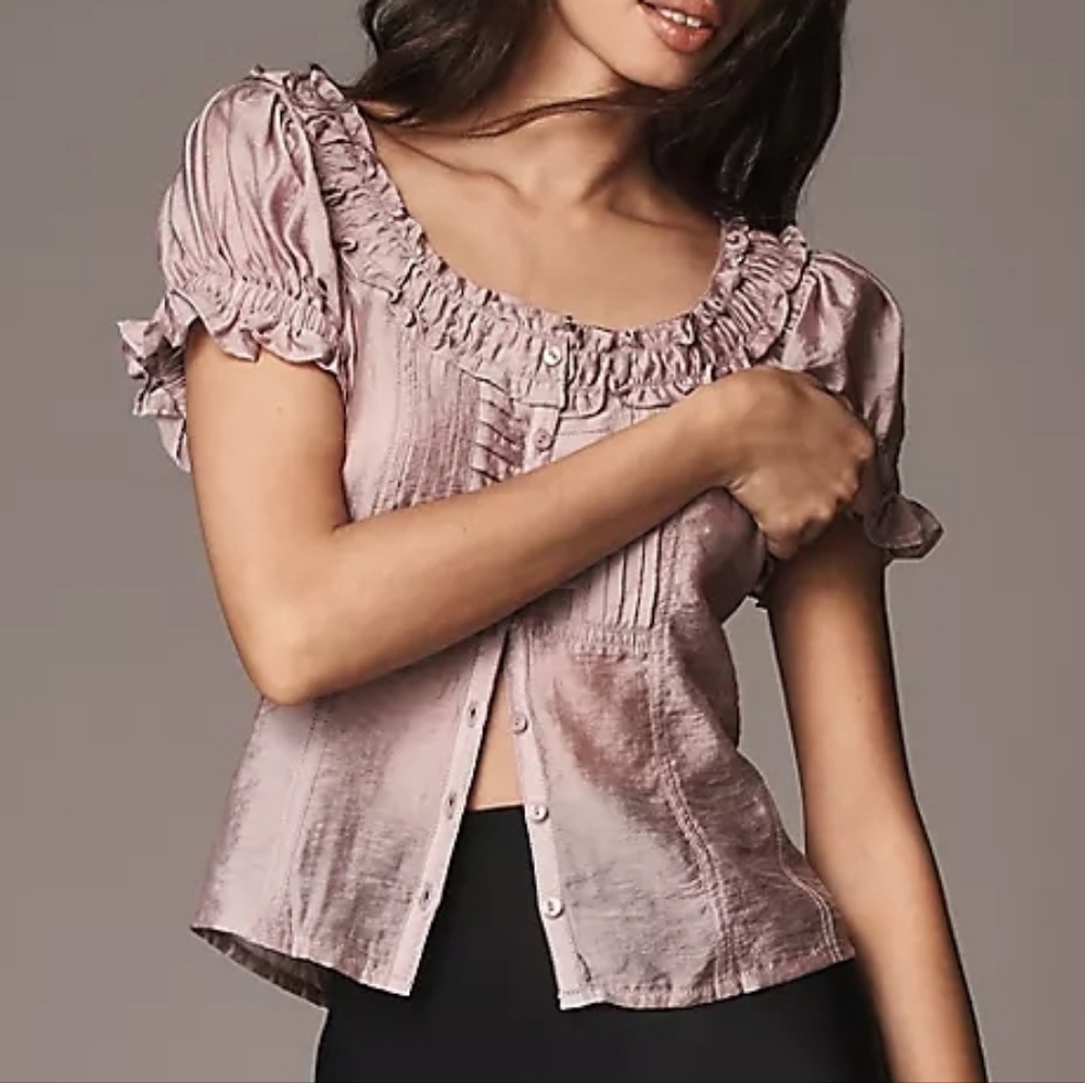 Pilcro Brown Short-Sleeve Sheer Silky Blouse